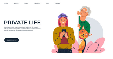 Non respect of private life landing page. Curious old lady gossip listen overhear and spy out corner. Searching, observing woman secretly looking out from wall listening to phone conversation of girl