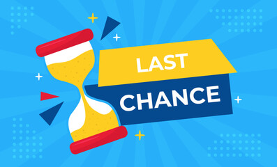 Vector banner sale countdown badge. Last time offers icon. Last chance, last day promo discount. Hourglass on blue background.