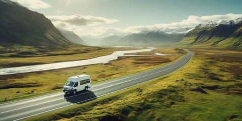 A campervan driving on a highway in Iceland.