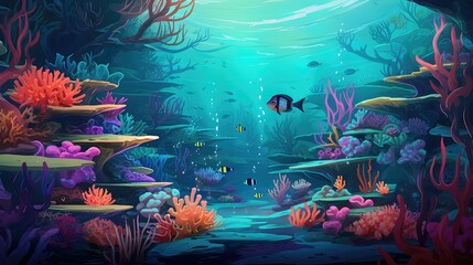 Fototapeta na wymiar tropical coral reef wonderland illustration underwater fish, aquatic water, sea beauty tropical coral reef wonderland