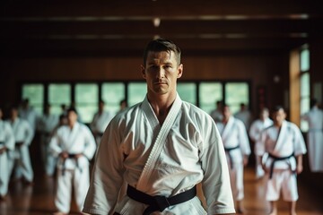 sensei teacher master man wearing white kimono and black belt and the students