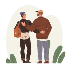 Couple of two men walking outdoors, hugging. Male best friends embracing and supporting each other at meeting. Back view of gay partners. Concept of going away or walking together with best friend