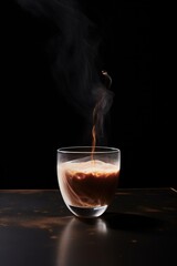 One glass of flat white coffee on black background.