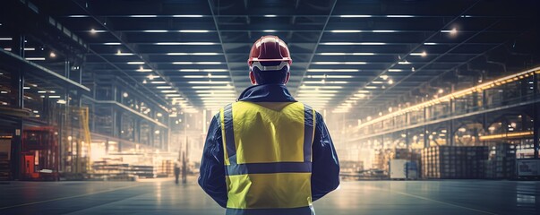 A man in a vest and helmet at a modern factory or warehouse in a large hangar, view from the rear. - obrazy, fototapety, plakaty