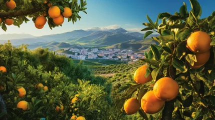 Foto op Plexiglas orange sicilian citrus orchards illustration mediterranean sicily, italian season, harvest rural orange sicilian citrus orchards © sevector