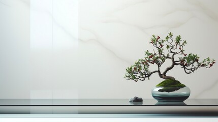 bonsai plant in a glass vase on glass table kept near blank wall. Modern home interior with copy space.