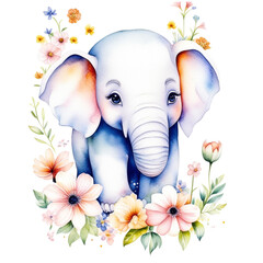cute elephant with flowers, pastel colors transparent background