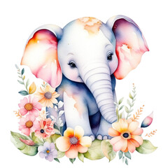 cute elephant with flowers, pastel colors transparent background