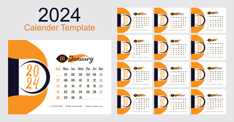 Desk Calendar 2024 planner corporate template design set. template for annual calendar 2024. Week starts on Monday.