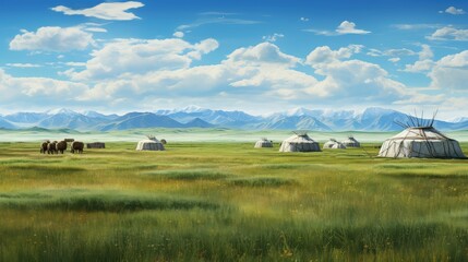 asian steppe traditional yurts illustration nomad outdoor, asia tradition, design house asian steppe traditional yurts - obrazy, fototapety, plakaty