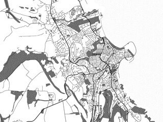 Greyscale vector city map of  Scarborough in the United Kingdom with with water, fields and parks, and roads on a white background.
