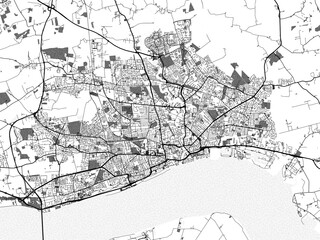 Fototapeta na wymiar Greyscale vector city map of Hull in the United Kingdom with with water, fields and parks, and roads on a white background.