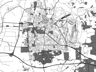Naklejka premium Greyscale vector city map of Scunthorpe in the United Kingdom with with water, fields and parks, and roads on a white background.