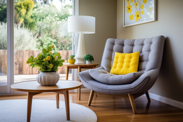 a gray armchair next to a round coffee table