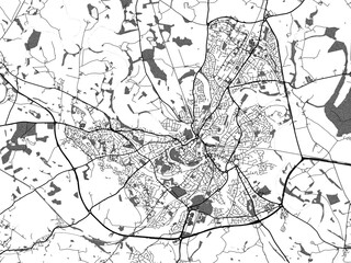 Greyscale vector city map of  Shrewsbury in the United Kingdom with with water, fields and parks, and roads on a white background.