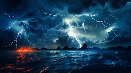 Thunderstorms Unleashing over Vast Oceans, Nature's Electrifying Show of Force - obrazy, fototapety, plakaty