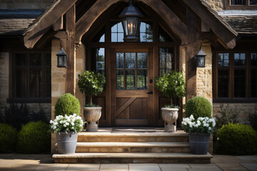 Wooden entrance door with porch and landing