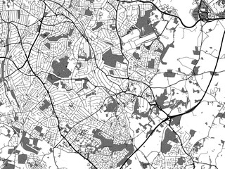 Greyscale vector city map of  Solihull in the United Kingdom with with water, fields and parks, and roads on a white background.