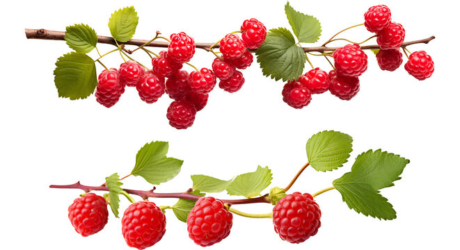 Two raspberry branches are isolated on a transparent background. Raspberry fruits branch png