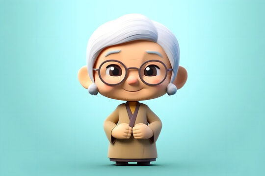 Old vr avatar cartoon with glasses kind grandmother in glasses with gray hair
