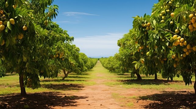 tropical island mango groves illustration nature background, business tree, green farm tropical island mango groves