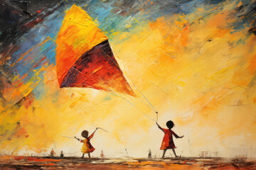 Fototapeta premium Kids Flying Kites Painted With Crayons