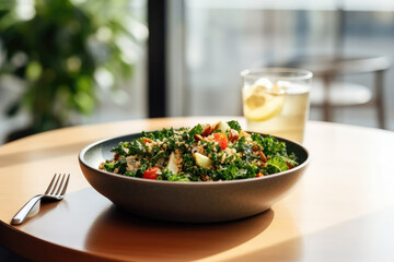 Kale Salad On Plate In Minimalist Cafe