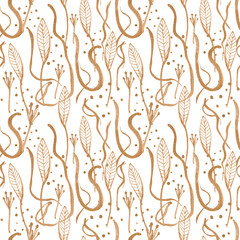 Acrylic seamless pattern of gold leafs flowers lines - 649821594