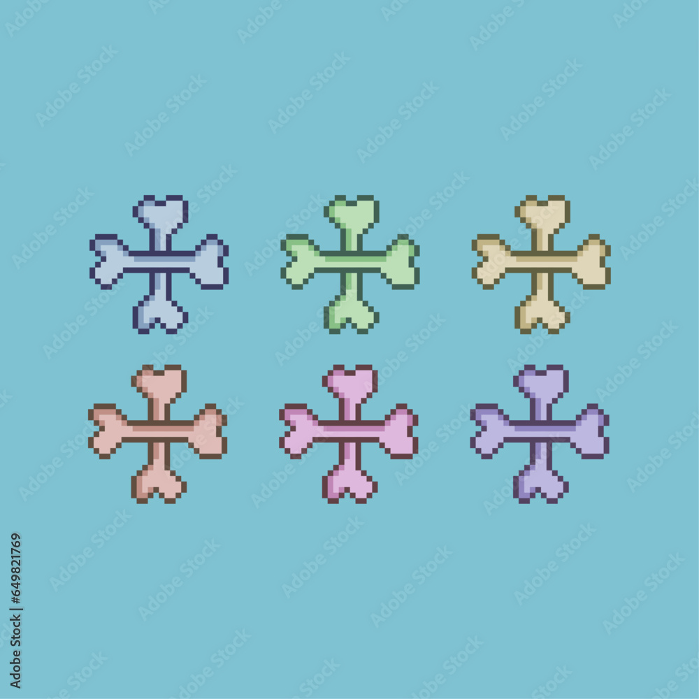 Poster pixel art sets of halloween bones with variation color item asset. simple bits of bones on pixelated