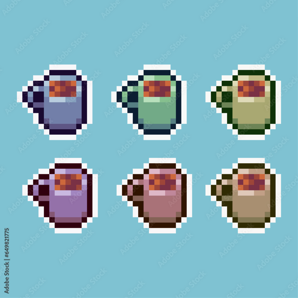 Poster pixel art sets of cup coffee top down with variation color item asset. simple bits of cup of coffee 