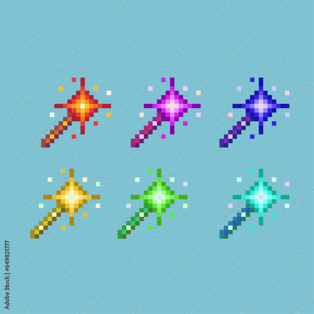 Poster pixel art sets of witch magic wand with variation color item asset. simple bits of magic wand on pix