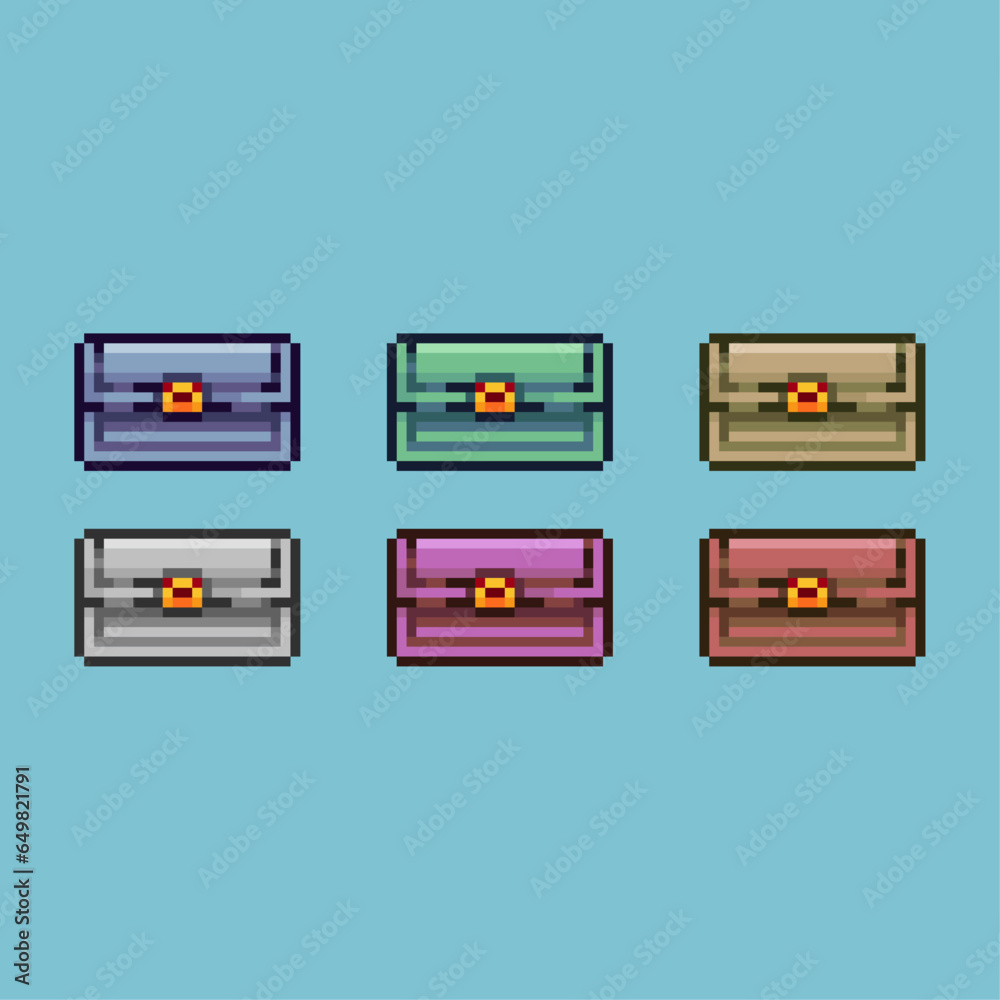 Poster pixel art sets of chest for item saving with variation color item asset. simple bits of chest rpg on