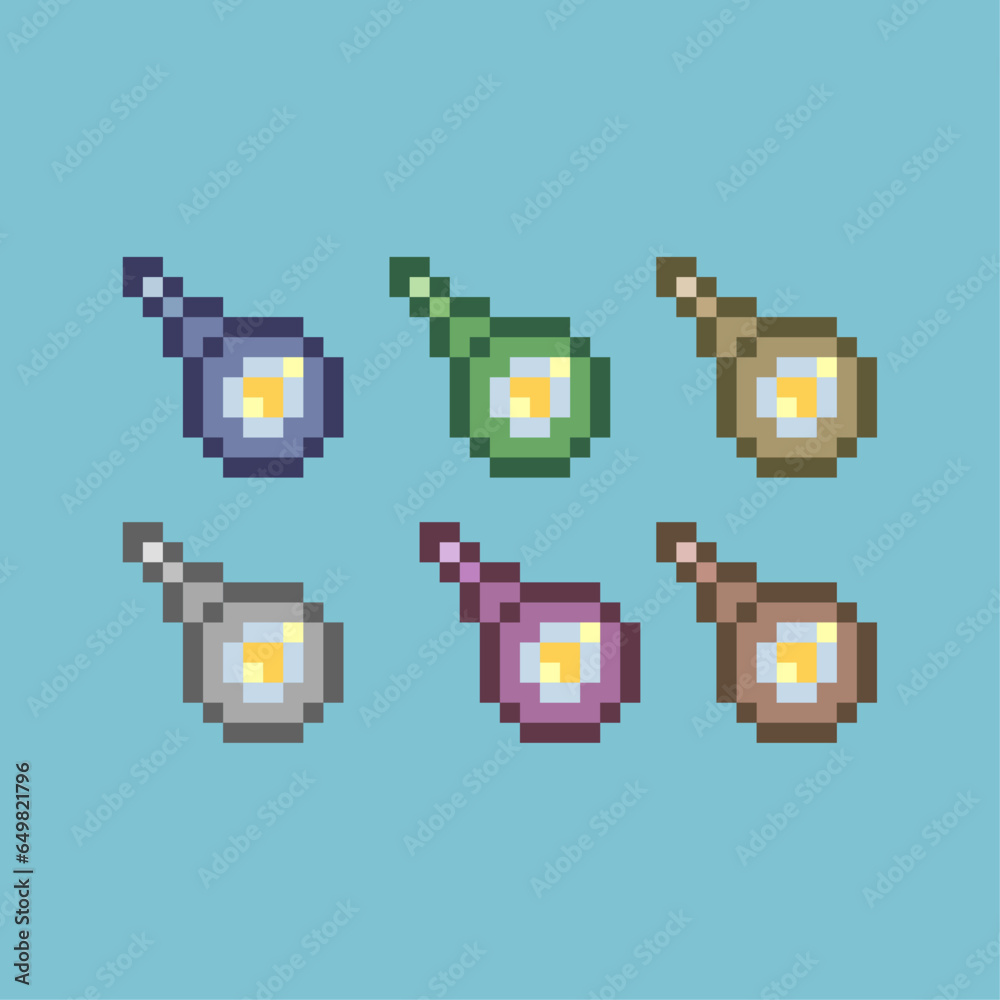 Poster pixel art sets of cooking eggs with variation color item asset. simple bits of fried eggs on pixelat