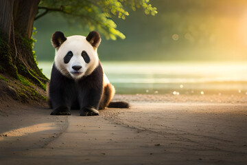 a panda on the sand with water and mountains in the background