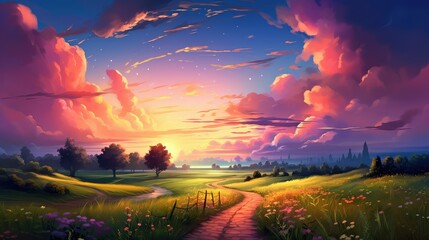 nature countryside sunsets vibrant illustration rural sunlight, background grass, view sun nature countryside sunsets vibrant