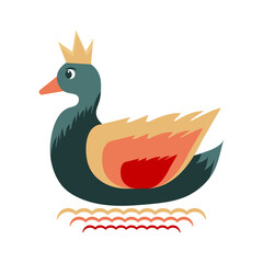 Cute multicolored duck with crown on the waves. One from the collection for kids. Vector illustration