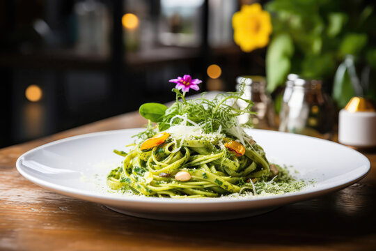 Pesto Pasta On Plate In Botanicalstyle Cafe