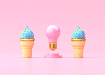 3d illustration of pink bulb in middle of blue ice creams.