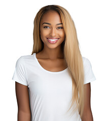 Fototapeta premium Smiling friendly young afro woman with fair straight long hair and straight white teeth wearing a blank white t-shirt standing isolated on a transparent background. Mock-up for design. Blank template.