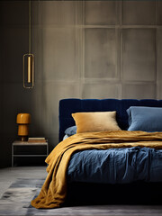 The bedroom interior with a modern bed next to a beige wall with an indigo upholstered headboard,...