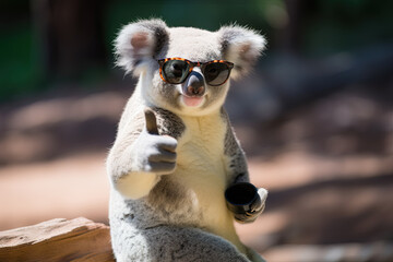 A cute funny smiling koala in sunglasses is thumbs up, holding a cup in the other paw while sitting on a log on a blurred background - obrazy, fototapety, plakaty