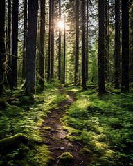 Obraz premium Path through a dense forest with tall trees