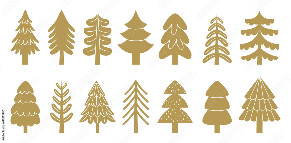 Wall mural golden christmas tree icons, spruces and pines of different shape