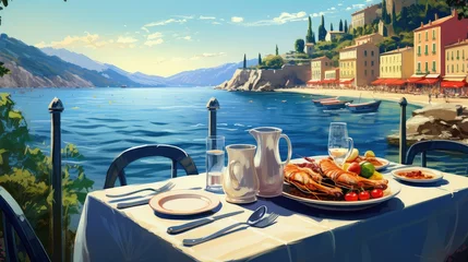 Poster Im Rahmen people italian coastal dining illustration sea blue, mediterranean outdoor, table tourism people italian coastal dining © sevector