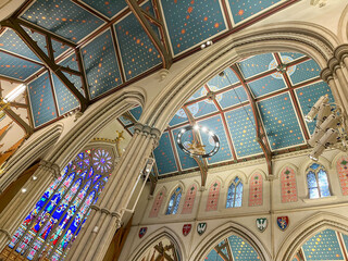Colorful Gothic-style ceiling in St. Michael's Cathedral. Toronto, Ontario, Canada. 2023-01-10