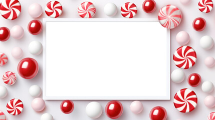 Fototapeta na wymiar Christmas candy cane frame and empty transparent space isolated on white background, PNG