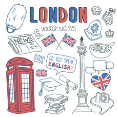 London doodle set. Landmarks, architecture and traditional symbols of English culture. Drawings isolated on white background. Outline stroke is not expanded, stroke weight is editable