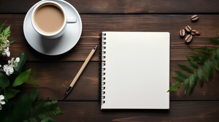 Obraz na płótnie Canvas A beautifully arranged concept of journaling, featuring a neatly opened notebook with blank pages ready for writing. Serene and inviting atmosphere for personal reflection and creativity.