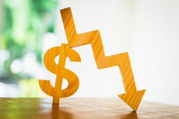 Dollar sign symbol and down arrow, concepts for success, methods, systems of raising or lowering...