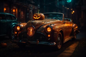 Fototapeta na wymiar Pumpkin Face Car Decorations for a Haunting Halloween Drive